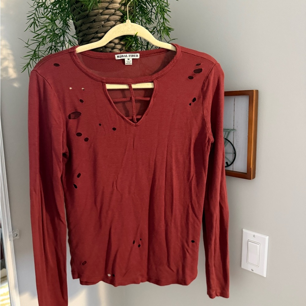 Moral Fiber Distressed Long-Sleeve Top — Rust